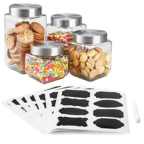 Home Basics 4-Piece Square Glass Canister Set with 56 Reusable Chalkboard Food Storage and More Glass Containers
