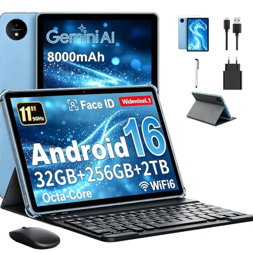 11 Inch Tablet with Gemini AI, Android 16 Tablet with Cover, Mouse & Keyboard, Octa-Core, 32 GB RAM + 256 GB ROM + 2 TB TF, 1920 x 1200 HD Display, 90 Hz, Dual Camera 8MP + 16MP, 8000mAh (Blue)