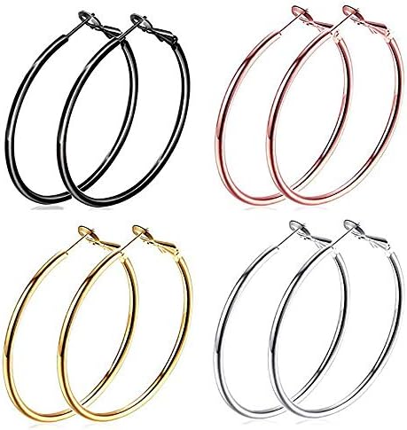 4 Pairs Big Hoop Earrings, Stainless Steel Hoop Earring Hypoallergenic Large Gold Hoop Earrings for Women Girls…
