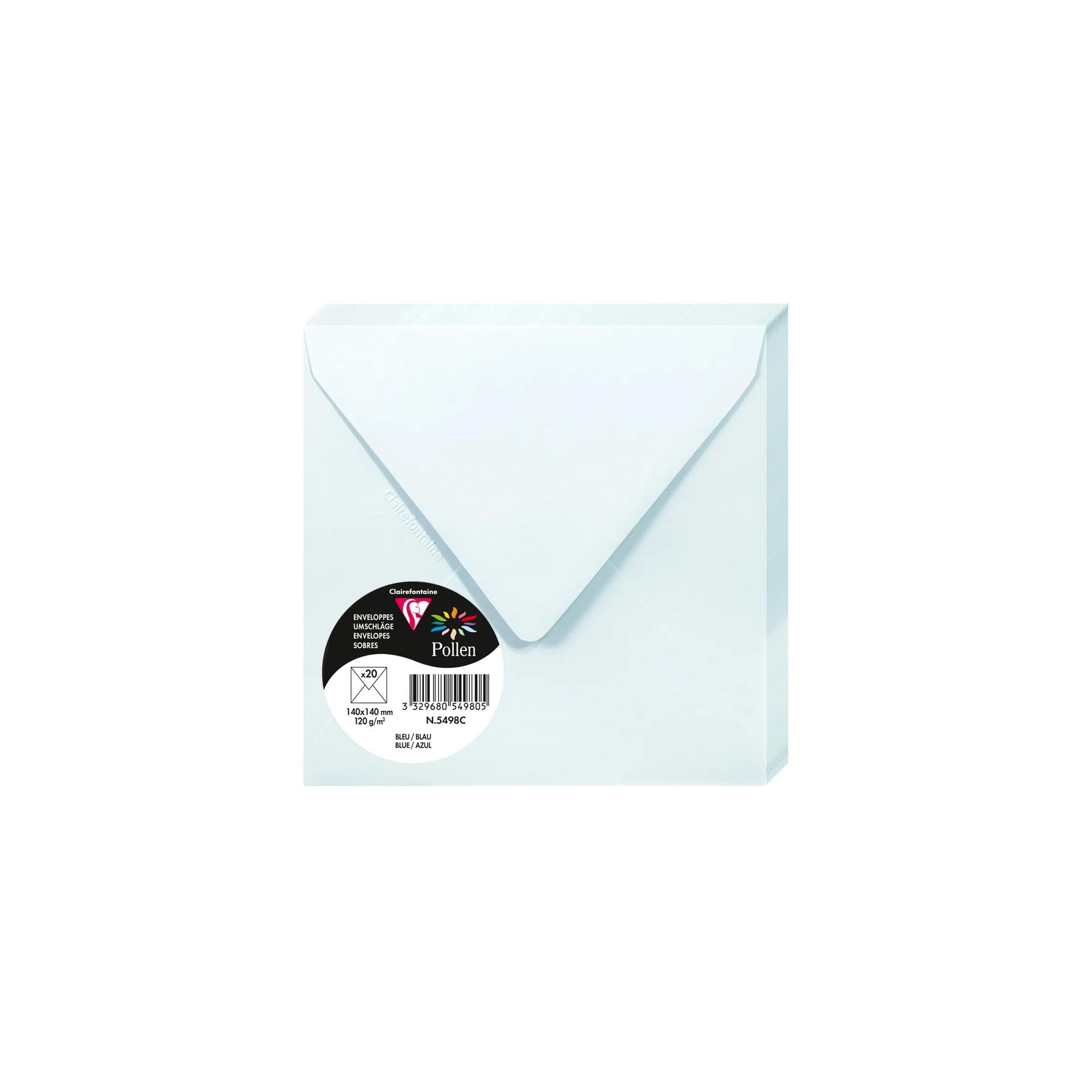 Clairefontaine 5498C Pack of 20 Gummed Envelopes Square Format 14x14cm 120g/m² Blue Invitation Events and Correspondence Pollen Range Premium Smooth Paper
