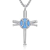 925 Sterling Silver Baseball Bat Cross Softball Necklace for Men Women with Blue Opal Baseball Stainless Steel Chain Black/Silver