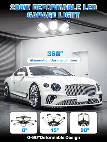 HAPYLUMI LED Ceiling Light for Garage 200W, 2 Pieces 20000LM Garage Lamp with 7+1 Adjustable Panels 6500K, E27/E26 Socket Industrial Workshop Lighting for Warehouse Basement
