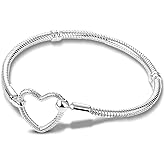 ChenYuTe 925 Sterling Silver Snake Chain Bracelet,Compatible with Pandora Charms Pendant,Heart Shape Bracelet Clasp for Womes Jewellery Gift