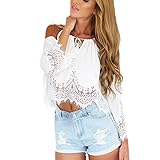 ROPALIA Women's Lace Off-Shoulder T-Shirt Long Sleeve Chiffon Crop Tops Blouse