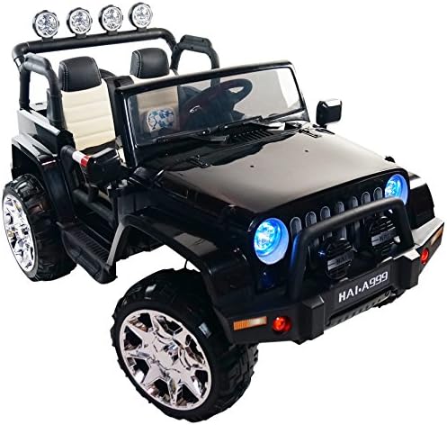 2 Seater Jeep Wrangler Style A999 All Wheels Drive Ride On Kids Electric Toy Car 2x12V7A Battery Powered LED Lights MP3 RC Parental Remote Controller Leather Seat For Boys and Girls Black