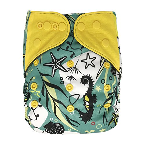 EcoAble Baby Charcoal Bamboo All-In-One AIO Cloth Diaper w/Pocket, Size 10-35Lb (Seahorse)