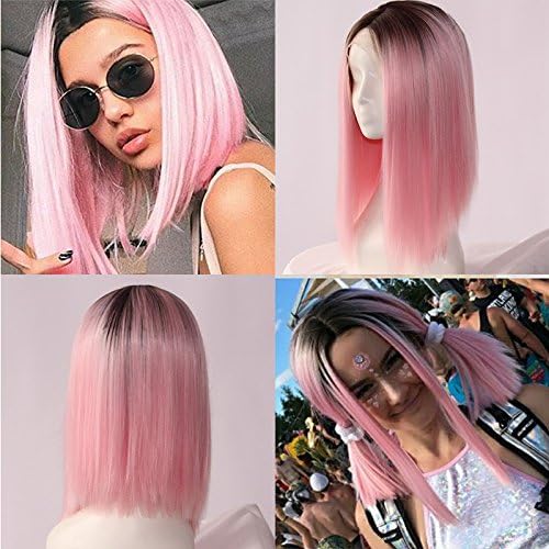 Lucyhairwig Short Bob Wigs For Women High Temperature Ombre Black To Pink Straight Synthetic Lace Front Wigs With Baby Hair