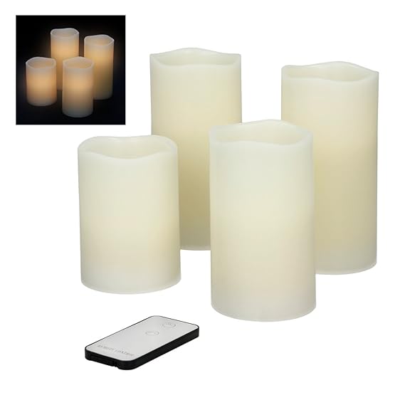ECD Germany 4er Set LED-Kerzen Flammenlose Echtwachskerzen - 10/12,5/2x15 cm - Creme - mit Fernbedienung - aus Echtwachs mit 
