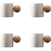 Dicmracy 2-Oz Ceramic Espresso Cups with Wood Handle, 2/4-Piece Set for Coffee, Tea, Latte - Dishwasher Safe, Multi-Color & Wood Styles, Gift & Café Use (white, Round Handle4)