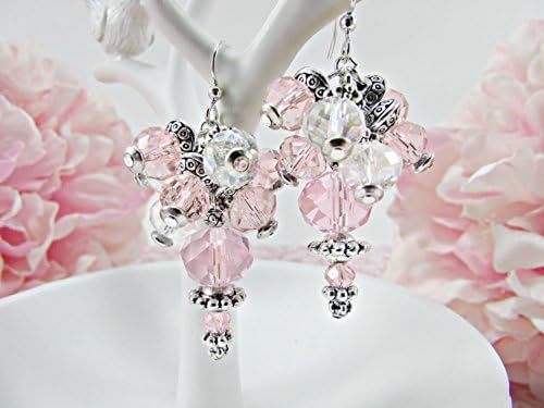 Pink and Clear Crystal and Glass Cluster Drop Earrings with Antique Silver