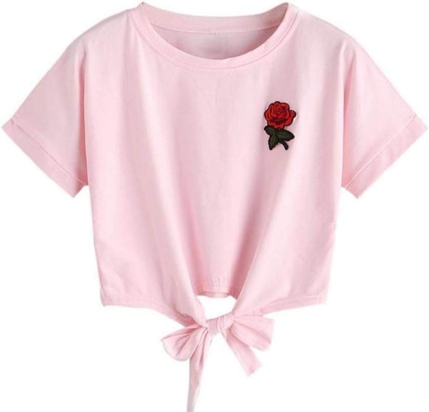 Wawer Women's Vest Tops, Women Halter Appliques Rose Short Sleeve Casual Shirt Blouse Great For Club/Party/Daily/Beach (S, Pink)