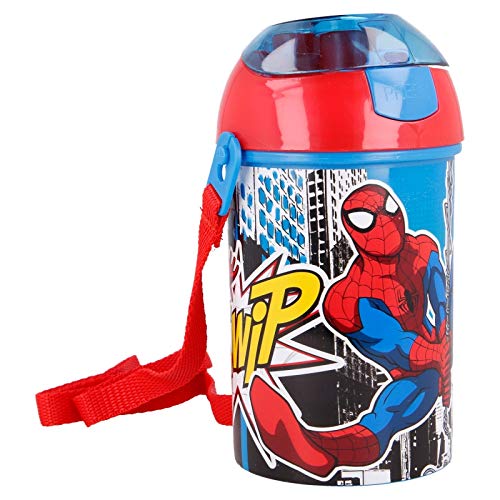 OM SUPPLIES Spiderman Pop Up Water Bottle Drink Bottle Flask with Neck Cord for Easy Carry School Lunch Kids Childrens 450ml