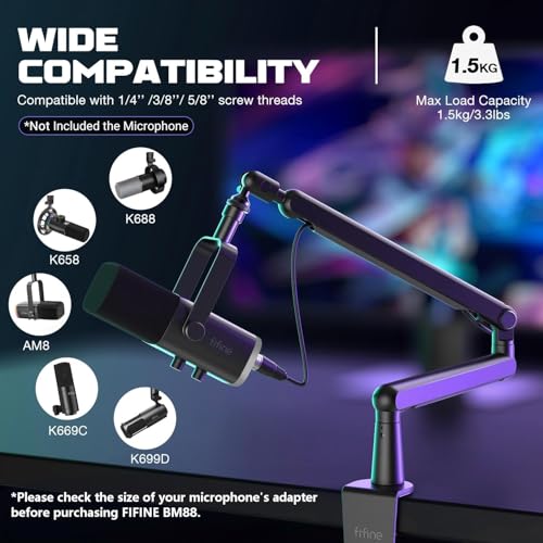 FIFINE Microphone Boom Arm, Low Profile Adjustable Stick Microphone Arm Stand with Desk Mount Clamp, Screw Adapter, Cable Management, for Podcast Streaming Gaming Studio-BM88