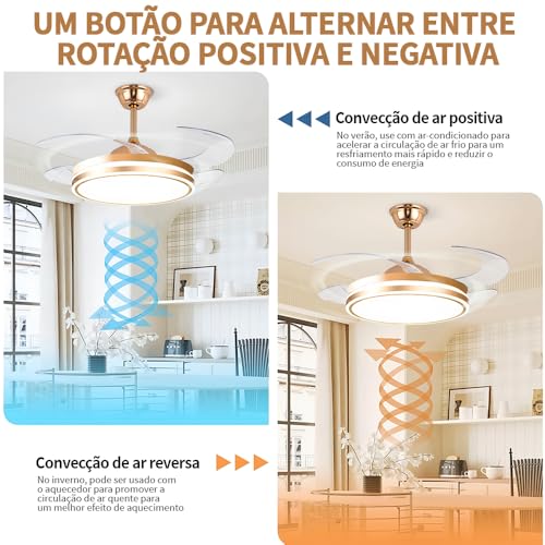 Ventilador de Teto 107CM Dourado, Inverter de 6 Velocidades, Ventilador de Teto com Controle Remoto, 4 Pás, Diâmetro da Lâmpada 49cm, Controle Remoto, LED 72W 3 Cores Altermáveis