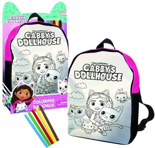 Cefa Toys - Rucksack zum Ausmalen des Puppenhauses von Gabby inkl. Rucksack, 5 Filzstifte zum Malen auf Stoff, geeignet für Kinder ab 3 Jahren