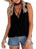 ROSKIKI Women's Plunge V Neck Blouse Cross Front Sleeveless Choker Drape Surplice Wrap Tank Tops US ( 12 - 14 ) Black