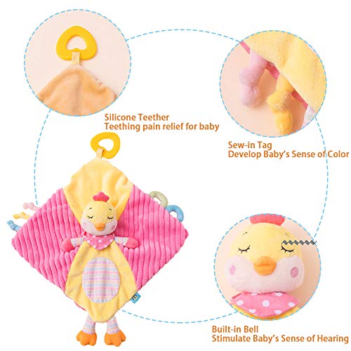 Baby Rattles Security Blanket Soft Fabric Lovey Blanket with Lovely Animal, Helps Calm Kids to Sleep for Infants, Newborn (Chick)