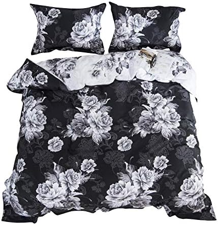 jieshilingJSL Cotton Floral Duvet Cover Set Queen Retro Flowers Bedding Set, Zipper Closure (Queen, Black)