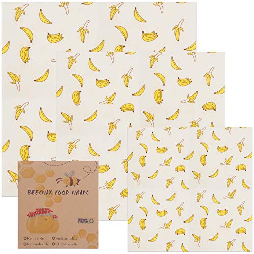 Reusable Beeswax Food Wrap 3 Piece, SKOLOO Bees Wax Paper Wrap, Sustainable Plastic Free Food Storage - 1 Small, 1 Medium, 1 Large, Banana Beeswax Wraps