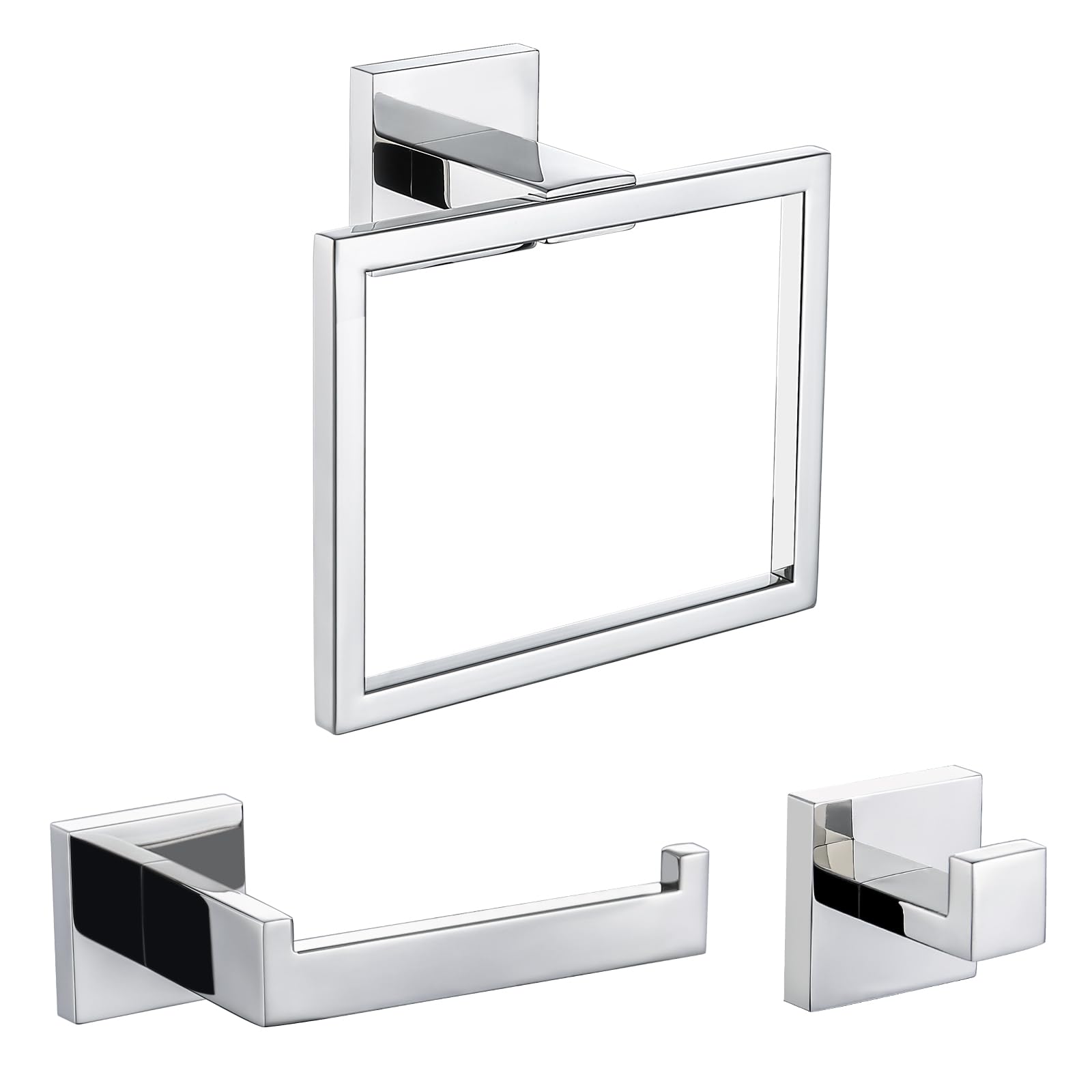 TURS 3 Pieces Bathroom Accessory Set Towel Ring Contemporary Style 304 Stainless Steel Robe Hooks,Toilet Paper Holder,Towel Rail,Wall Mounted,Chrome Bathroom Accessories Polished Finish