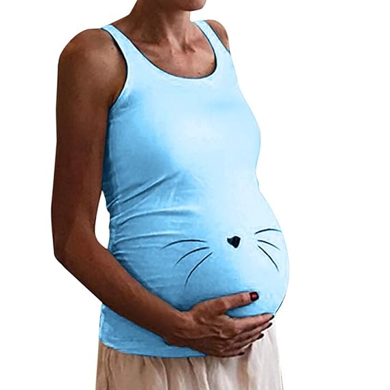 SuperSU Damen Süß Cat Muster Ärmellos Umstandsshirt Mutterschaft Klassische Seite Geraffte T-Shirt Tops Schwangerschaft Kleid