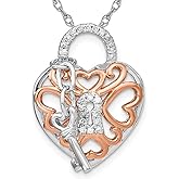 Sterling Silver Key & Heart Lock Pendant Necklace with Chain and Diamonds