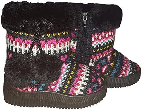 Knit Sweater Print Faux Fur Lined Fashion Boots with Pom Poms for Girls (4, BLACK)