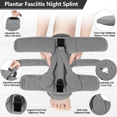 exhood Upgraded Plantar Fasciitis Night Splint, 3 Adjustable Straps Plantar Fasciitis Relief Braces for Achilles Tendonitis, Foot Drop & Heel Spur Pain Relief Day & Night (Elephant Grey)