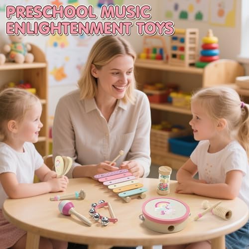 Lehoo Castle Musical Instruments for Children from 1 Year, Girls Montessori Toy Gift 2 3 Years, Children's Wooden Instruments Music Set with Xylophone & Drum