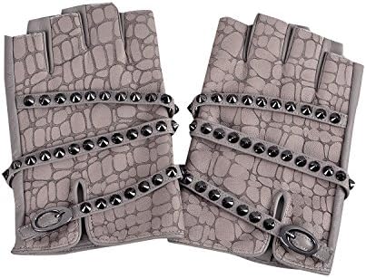 Fioretto Womens Driving Fingerless Italian Goatskin Leather Half Finger Gloves Punk Rock Style with Rivets Unlined