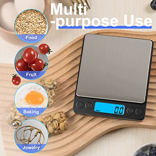 Digital Food Kitchen Scale Upgraded, YONCON 3000g/0.1g High Accuracy Mini Pocket Scale Measures in Grams and oz for Cooking, Baking, Jewelry, Tare Function,2 Trays, LCD Display (Batteries Included)