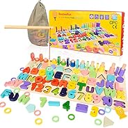 BeebeeRun Wooden Number Alphabet Puzzles Shape Sorting Counting Montessori Learning Toys for Toddlers, Fishing