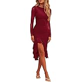 Hocuos Womens 2026 Round Neck Long Sleeve Ruffle Hem Midi Dress Mesh Ruched Bodycon Formal Cocktail Wedding Guest Dresses