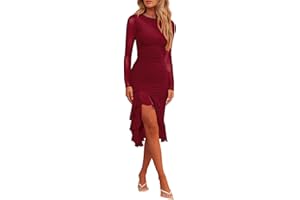 Hocuos Womens 2024 Round Neck Long Sleeve Ruffle Hem Midi Dress Mesh Ruched Bodycon Formal Cocktail Wedding Guest Dresses
