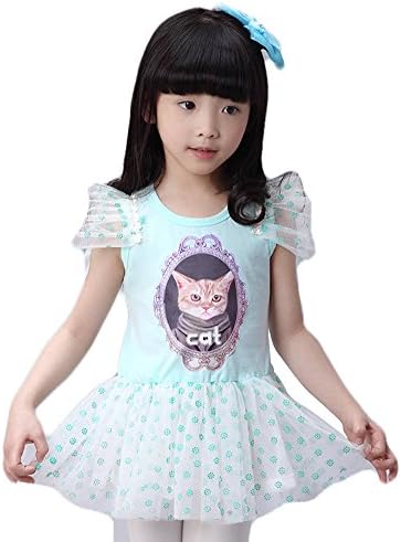 Little Girl's Fashion Fly Gauze Dress Sleeve Wave Point Owl Lace (100cm=41in=4T, sky blue)
