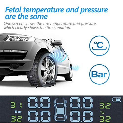 Moshbu Solar Powered TPMS Wireless Tire Pressure Monitoring System 4 Sensors DIY Tire Gauge with Auto Alarm System Real-time LED Displays for RV Trailer, External Sensor