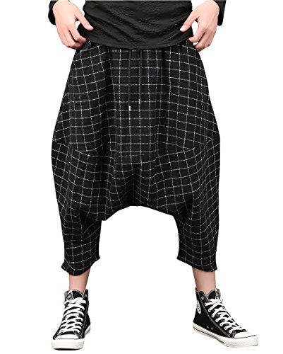 ELLAZHU Men Fashion Drop Crotch Plaids Print Jogging Pants GYM154