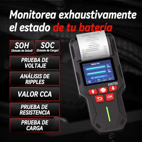 KONNWEI Probador de Batería de Coche con Impresora, Probador de Carga de Batería Automotriz de 12V 24V 10-2000CCA, Analizador de Batería de Arranque y Carga, Probador de Alternador para Coche, Camión