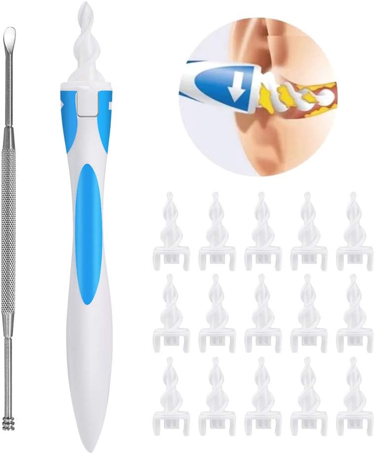 Find Back Multifunctional Smart Ear Cleaner Easy Ear Wax Remover Spiral Earwax Swab Soft Removal Tool Kit with 16 Pcs Silicone Replacement Heads and 1 Stainless Steel Earpick (Set-A)