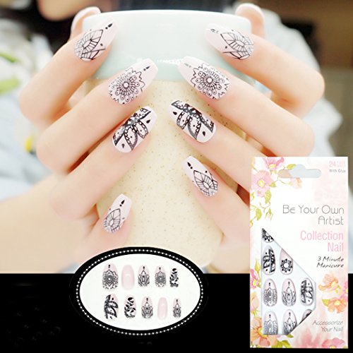 Yean Coffin False Nails Pink Flower 24Pcs/Set Fake Nails Full Cover Medium Long Stilleto with Design Nail Tips Press on Nails with Glue and Adhesive Tab for Women and Girls