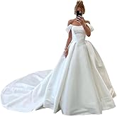 BYRWZDN A Line Off Shoulder Satin Wedding Dresses for Bride Long Bridal Gowns for Women with Sweep Train