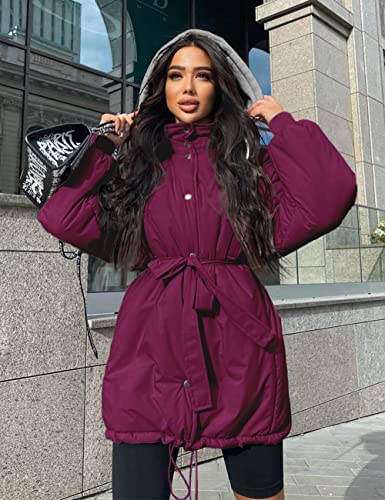 PRETTYGARDEN WOMEN’S 2023 HOODED PUFFER JACKETS LONG SLEEVE BUTTON DOWN BELTED WARM WINTER TRENCH COAT OUTERWEAR WITH POCKETS (PURPLE RED,X-SMALL)