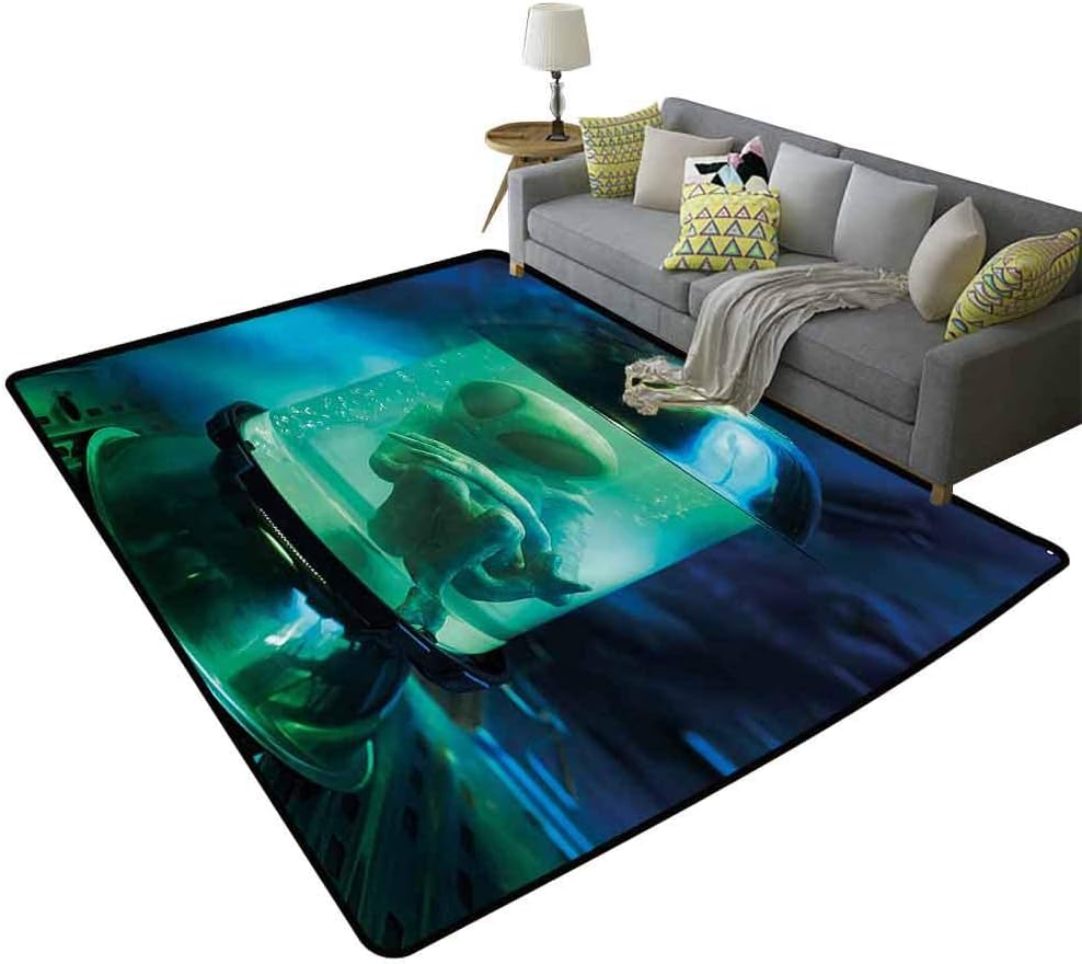 Outer Space Runner Area Rugs Martian UFO Alien in a Aquarium Like Tube Artwork Image Single-Sided Printing Blue Sky Blue and Light Green, 5'x 6'(150x180cm)