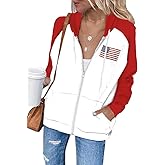 Dressmine Red White and Blue Sweatshirt for Women Zip Up Jacket with Pockets Drawstring July Of 4Th Outfit American Flag Top White M