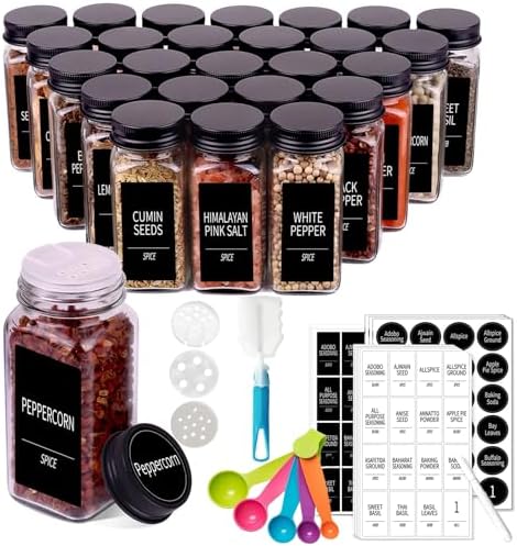 EOGILY 24 Glass Spice Jars with Black Metal Caps,4oz Empty Square Spice ...