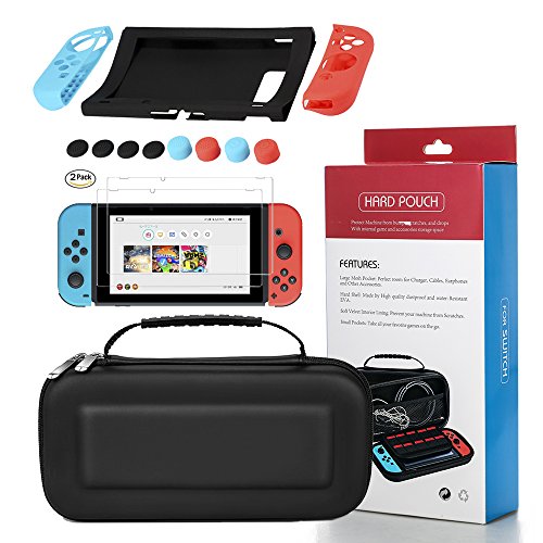 Switch Game Carrying Box Case Nintendo Switch Protective Shell Case Hard Cover Waterproof Carrying Case - Black+11 in 1 silicone protective sleeve+HD anti scratch protective filmï¼ˆ2 Packï¼‰