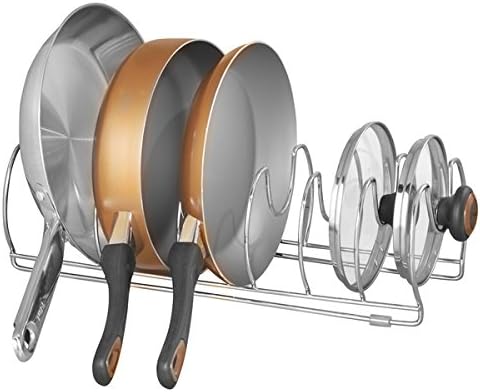 mDesign Organizador de sartenes y tapaderas - Soporte de metal cromado con 6 compartimentos para sartenes y tapas de ollas - Organizador de cajones y armarios de cocina
