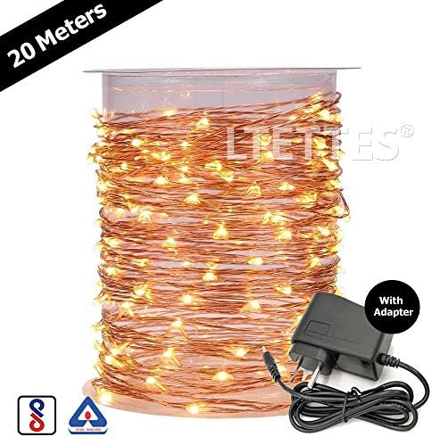 LTETTES 20 Meters 200 LED Warm White DC Powered IP65 Waterproof Copper LED String Light with 5V Power Adapter Decorative Fairy Lights Festival Party Home Decor Christmas Diwali Wedding