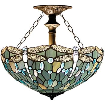Tiffany Ceiling Fixture Lamp Semi Flush Mount 16 Inch Sea Blue Stained Glass Lampshade Crystal Bead Dragonfly Pendant Hanging 2 Light Fixture for Dinner Room Living Room Bedroom S147 WERFACTORY