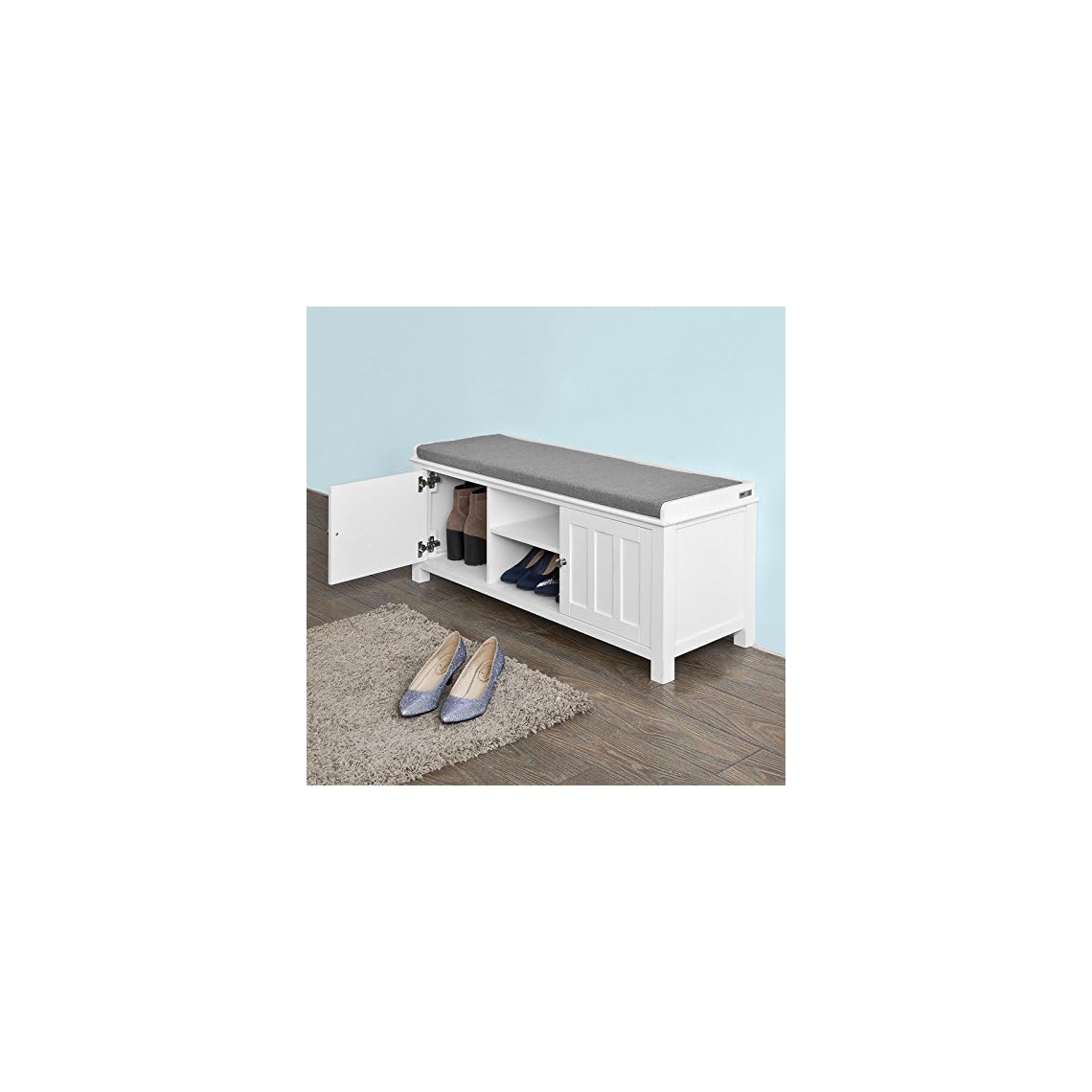 Haotian FSR35W, White Storage Bench with 2 Doors, Shelf & Removable